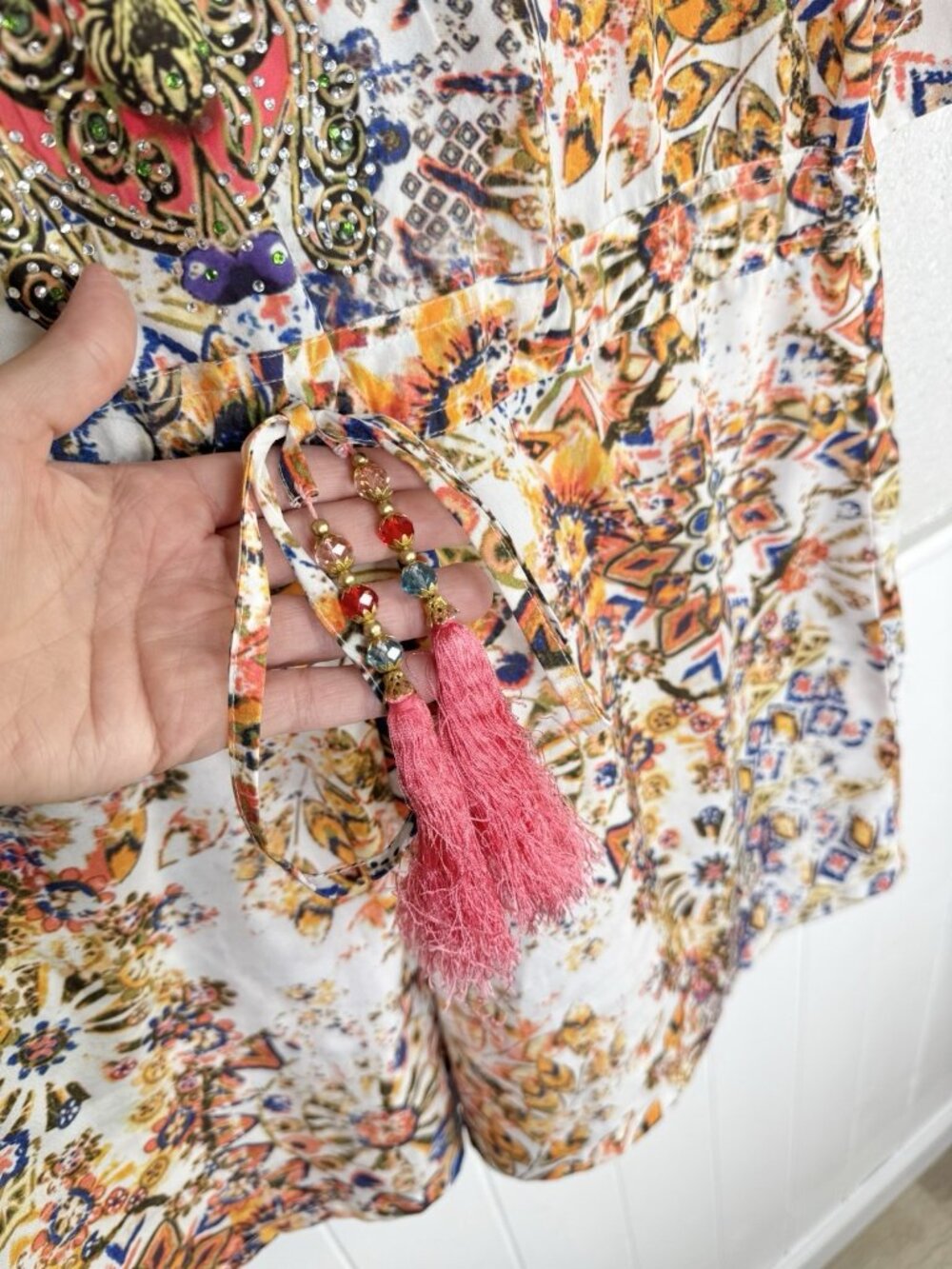 Boston Proper Romper Size 12 Tassle Abstract Bohemian Vacation Artsy Lightweight - Picture 4 of 14